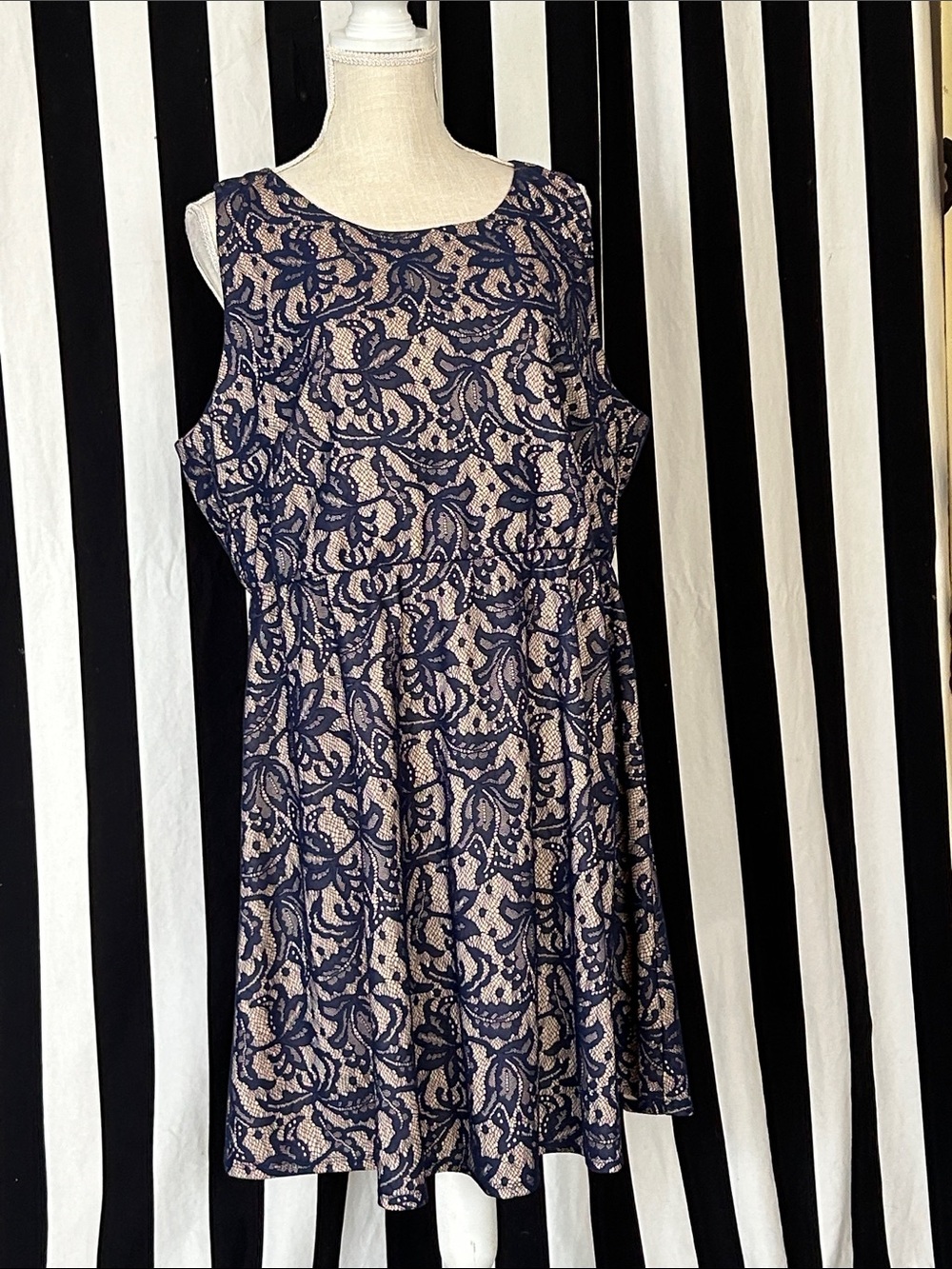 Navy and Beige Lace-Effect Sleeveless Women's Dress